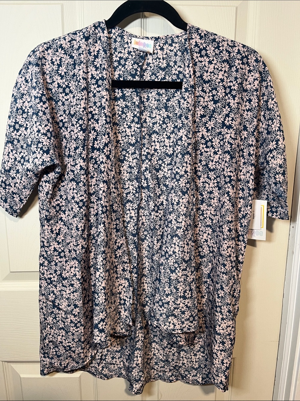 LuLaRoe Navy open cover up with Pink Floral Print